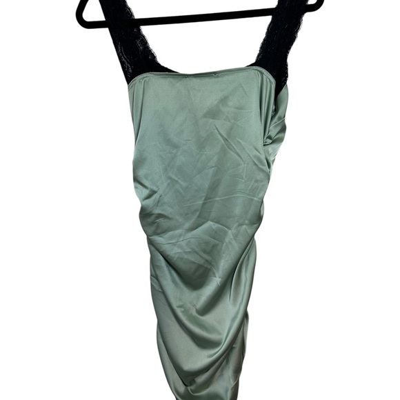 Cider Light Green with Black Lace Shoulder Straps Slip Dress Side Rouching SZ M - Picture 3 of 6